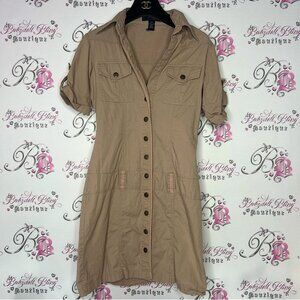Seduction dress cargo style belt buckle loops snap closure buttons tan military